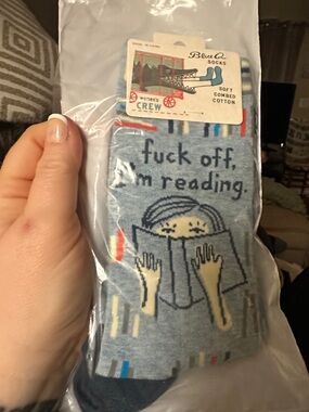 Blue Crew Socks with Reading Graphic and Multicolor Stripes. Size 5-10 women’s